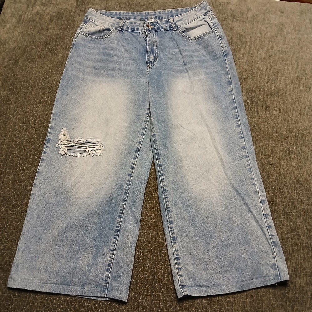 SHEIN Light Wash Distressed Wide Leg Jeans Size 32 High Waist Ripped Denim Sz 10